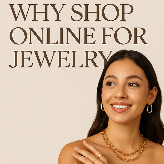 “Smiling woman wearing gold hoop earrings, layered gold necklaces, and rings, with the text ‘Why Shop Online for Jewelry’ on a beige background — promotional image for BB Jewels’ blog on online jewelry shopping.”