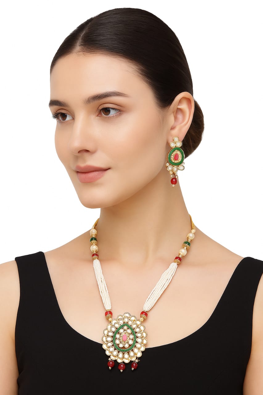 Pearl Beaded Kundan Pendant Necklace Set with Earrings – Traditional Imitation Jewelry