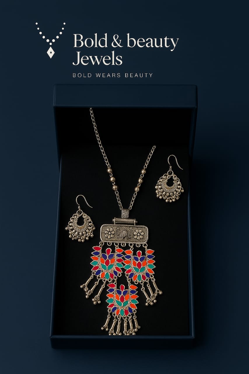 Hand-Painted Tribal Oxidized Necklace Set – Multicolor Enamel Charm