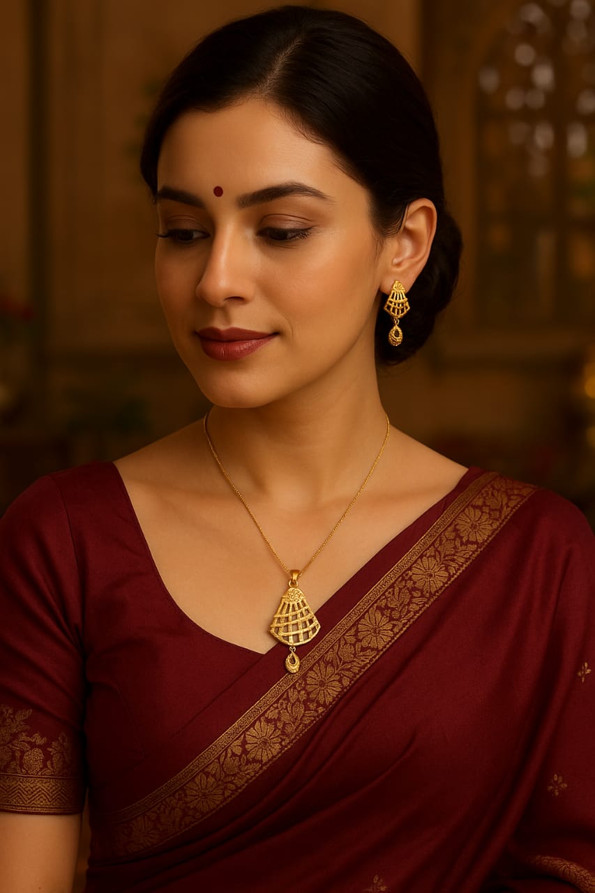 Traditional Gold-Tone Necklace & Earring Set – Ethnic Fan-Shaped Design