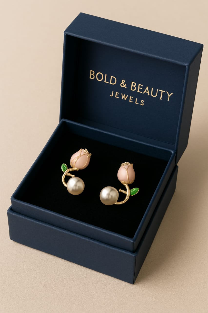 Blush Rosebud & Pearl Stud Earrings – Elegant Floral Jewelry by Bold & Beauty Jewels
