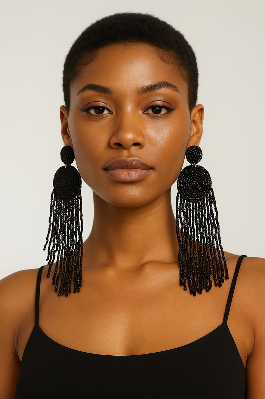 Bold & Beauty Jewels – Black Beaded Fringe Statement Earrings*