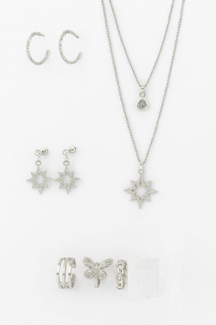 Stylish Silver-Tone Jewelry Set with Star & Butterfly Accents – 8 Pieces