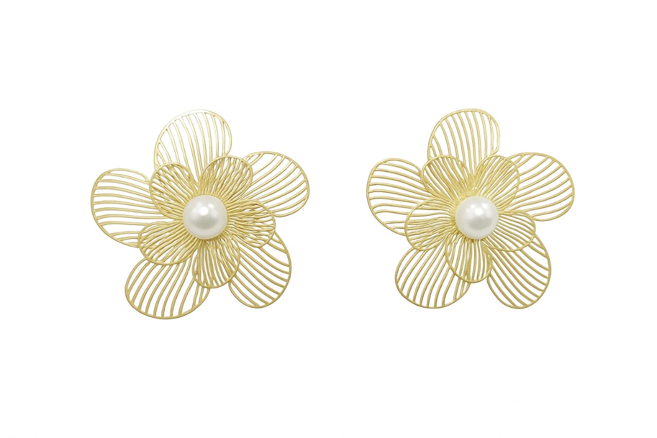 Gold Floral Wire Earrings with Pearl Center – Elegant Statement Jewelry