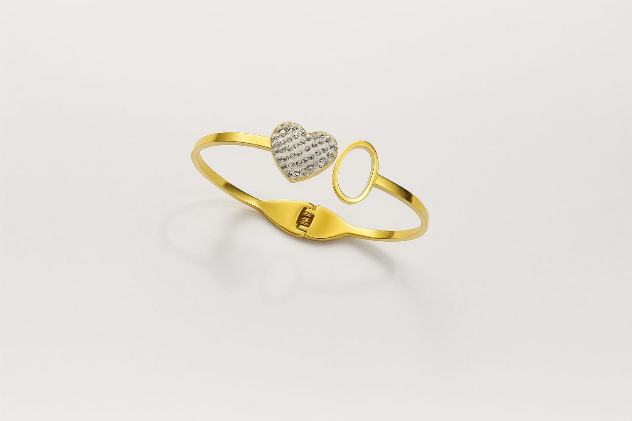 Elegant Gold Plated Heart & Oval Bangle Bracelet with Crystal Detailing – Stylish Women's Jewelry