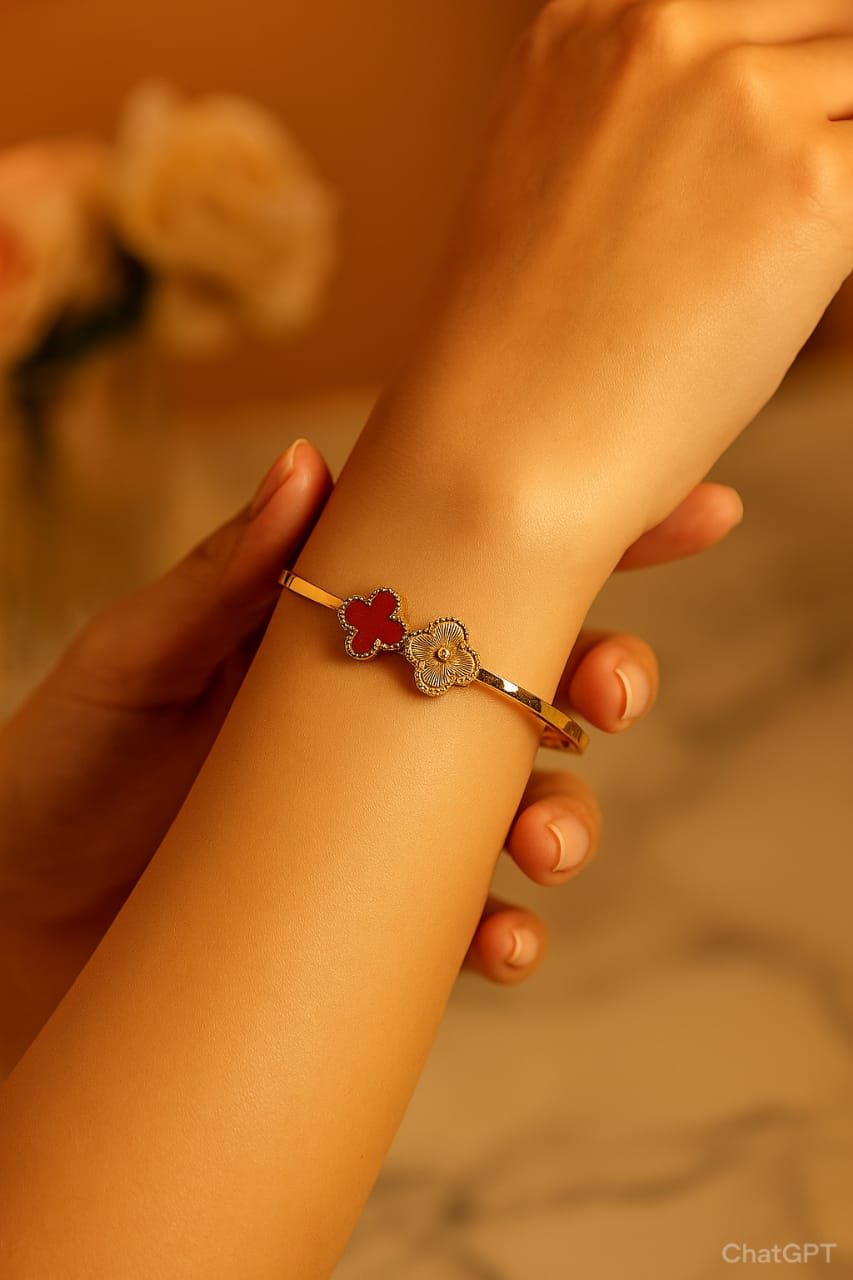 Floral Charm Gold Plated Bangle Bracelet – Dual Flower Design for Women