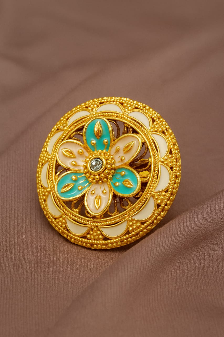 Turquoise & Cream Enamel Floral Statement Ring – Gold Plated Adjustable Ethnic Jewelry