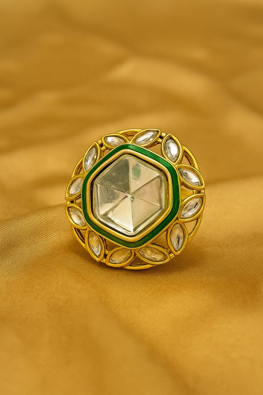 Elegant Green Enamel Kundan Statement Ring – Traditional Gold Plated Adjustable Jewelry