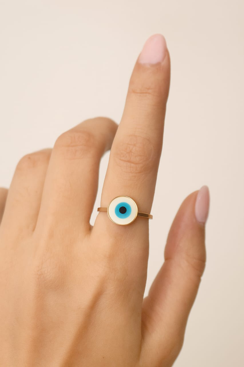 Gold Plated Evil Eye Protection Ring – Minimalist Blue Enamel Design