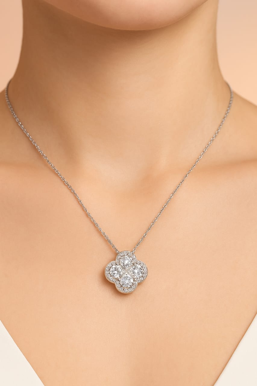 Sparkling Clover Diamond Pendant Necklace in Silver Finish