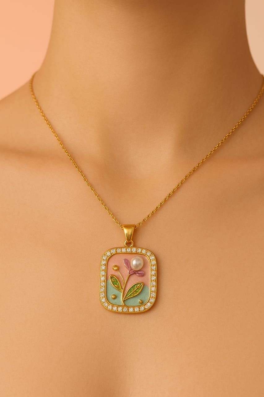 Elegant Floral Enamel Gold Pendant Necklace with Pearl