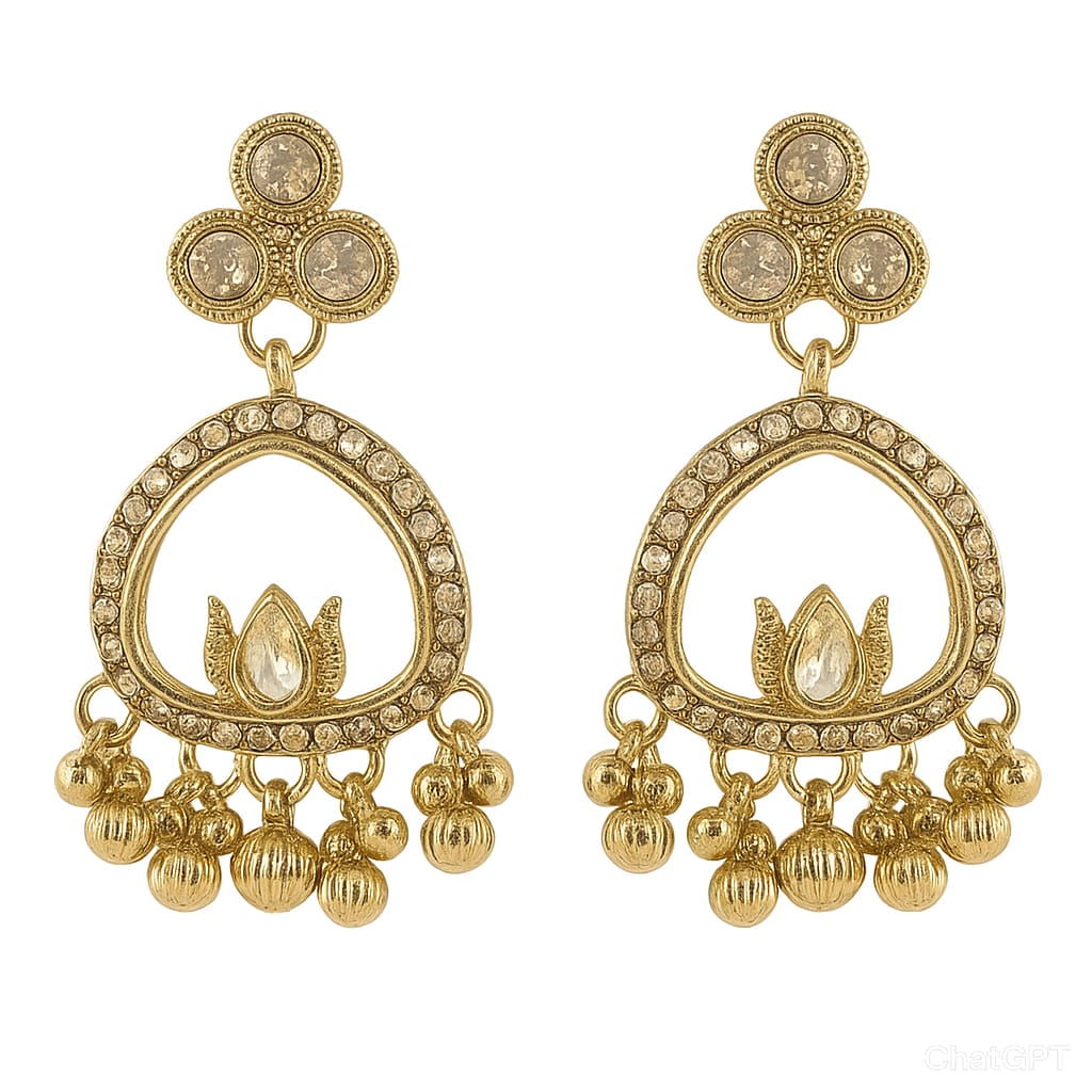 Gold Plated Kundan Lotus Drop Earrings with Beads – Traditional Ethnic Jewelry for Women