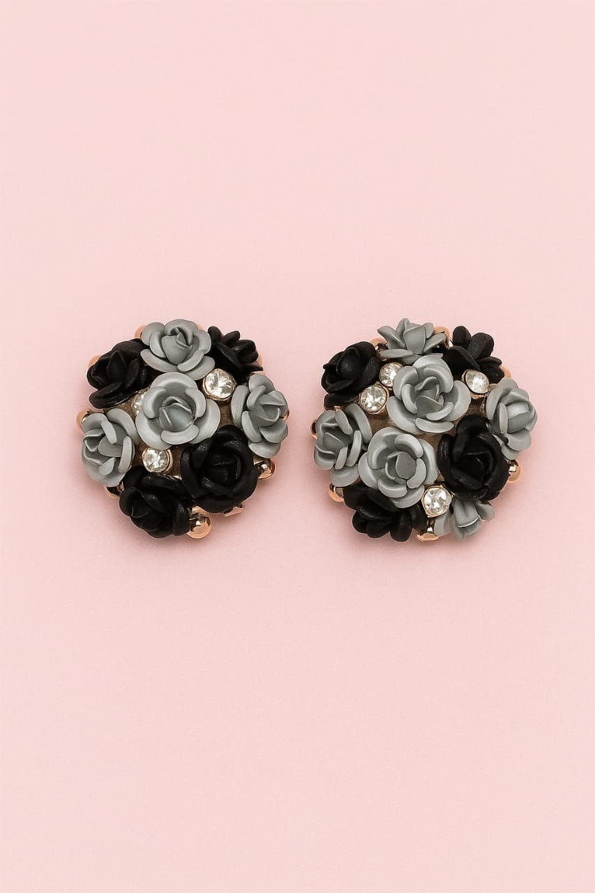 Black & Grey Rose Floral Stud Earrings with Sparkling Stones