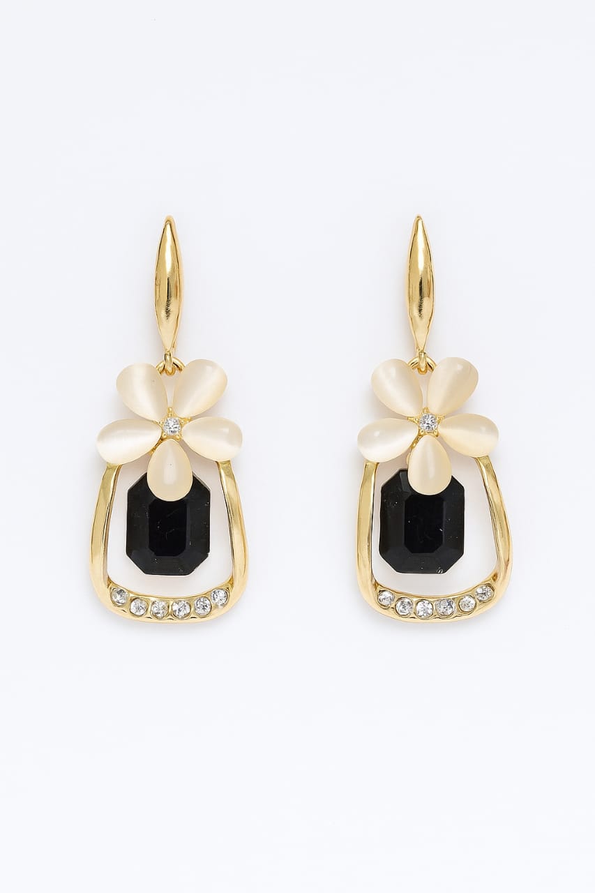 Gold Floral Drop Earrings with Black Stone & Crystals – Elegant Jewelry for Women