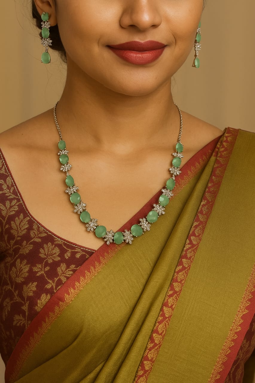 Elegant Green Stone Necklace & Earring Set – Premium Imitation Jewellery