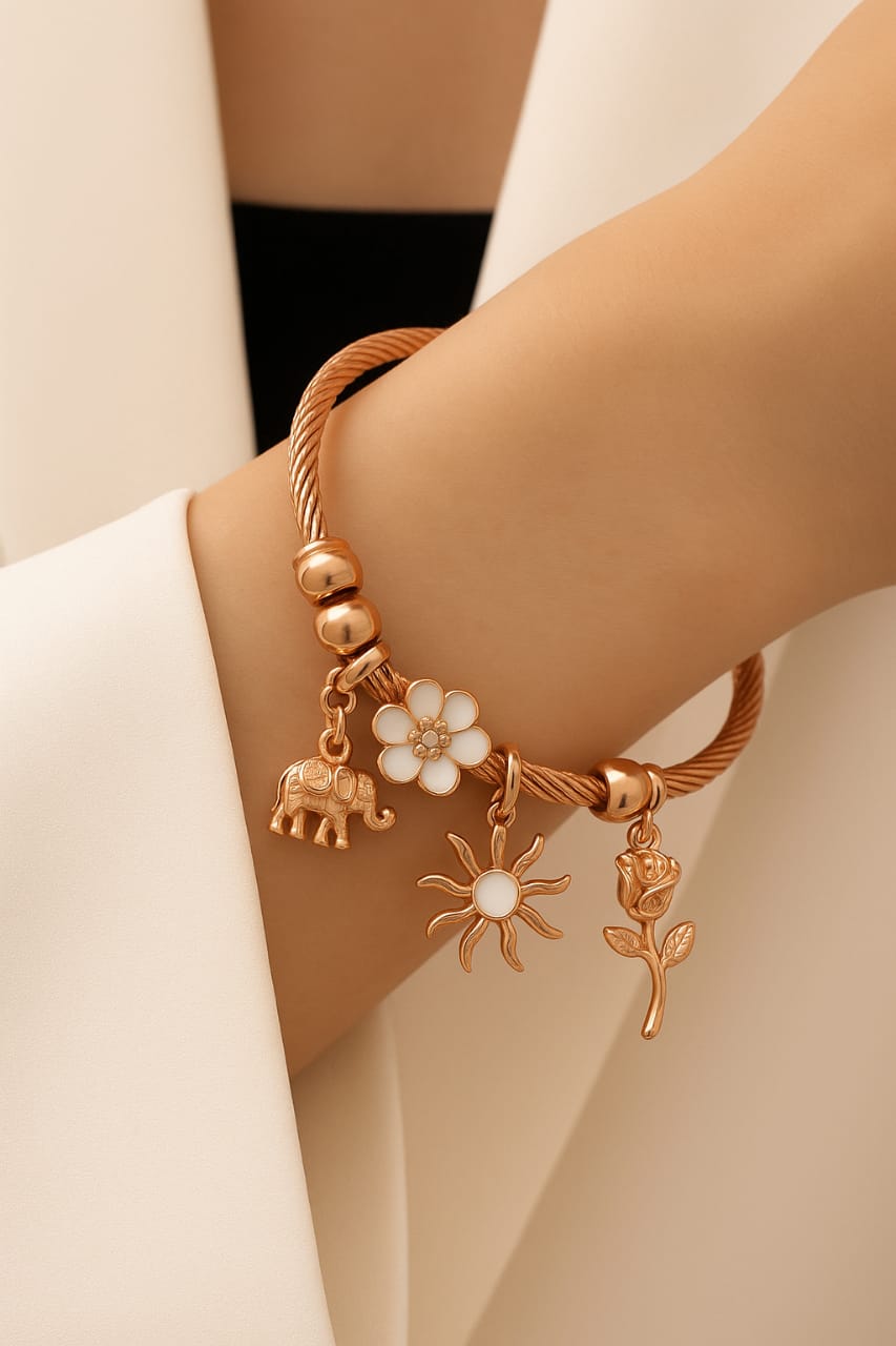 Elegant Rose Gold Charm Bracelet – Elephant, Flower, Sun & Rose Charms
