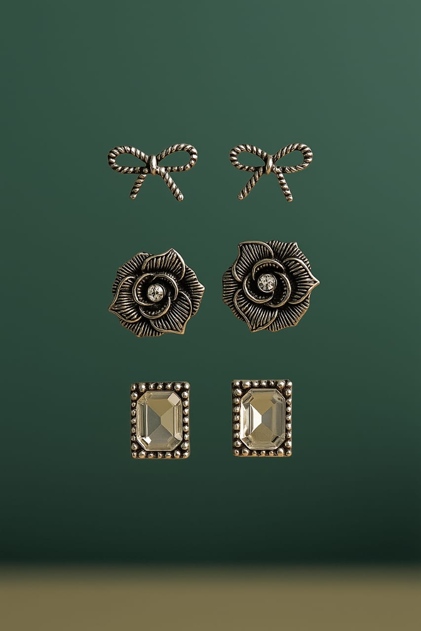 Vintage-Inspired Stud Earrings Set – Bow, Floral & Geometric Designs