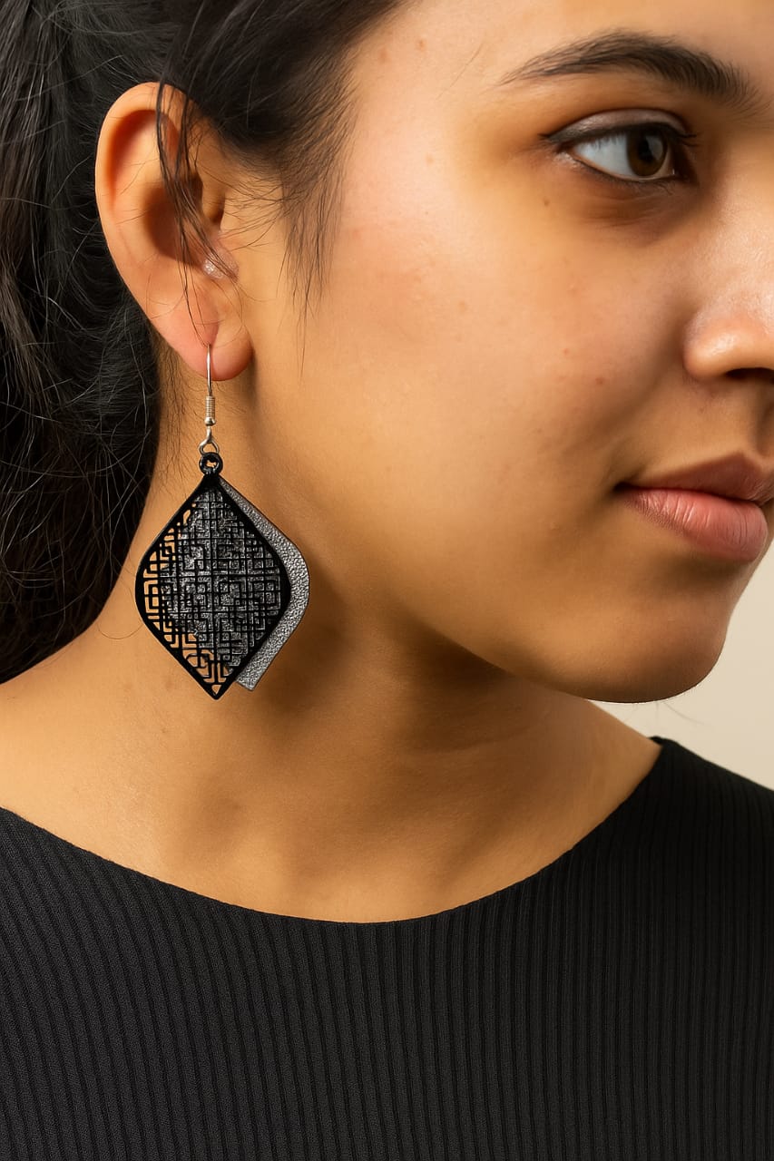 Geometric Black & Silver Statement Earrings – Modern Drop Design