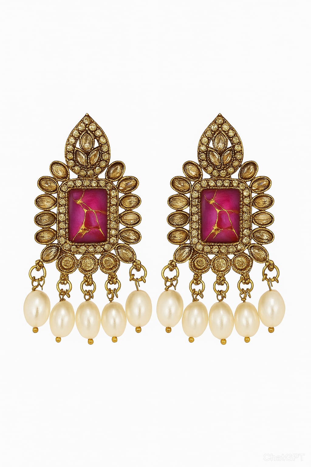 Pink Stone & Pearl Multi-Strand Necklace Set with Earrings – Premium Imitation Jewellery
