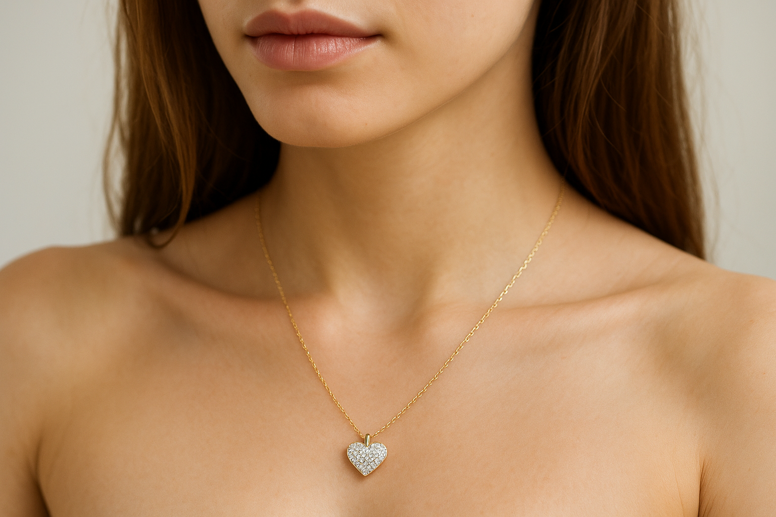 Girl wearing heart shaped pendant focusing on neck