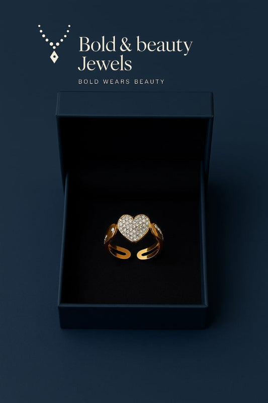 Bold & Beauty Jewels – Gold-Plated Heart Shape Adjustable Ring with American Diamonds
