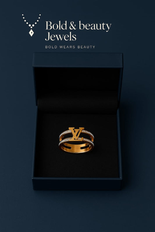 Bold & Beauty Jewels – Gold-Plated Designer Initial Ring with American Diamonds