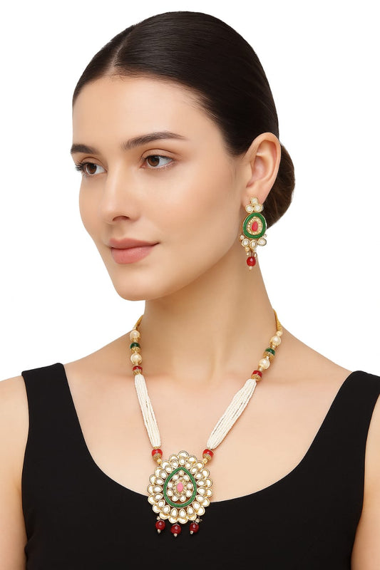 Pearl Beaded Kundan Pendant Necklace Set with Earrings – Traditional Imitation Jewelry