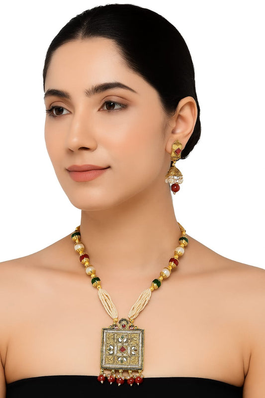 Square Pendant Pearl Beaded Necklace Set with Earrings – Ethnic Kundan Jewelry for Women