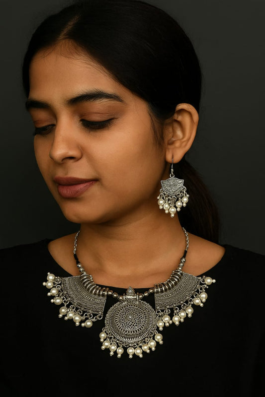 Oxidized Silver Choker Necklace Set with Earrings – Tribal Pearl Drop Design