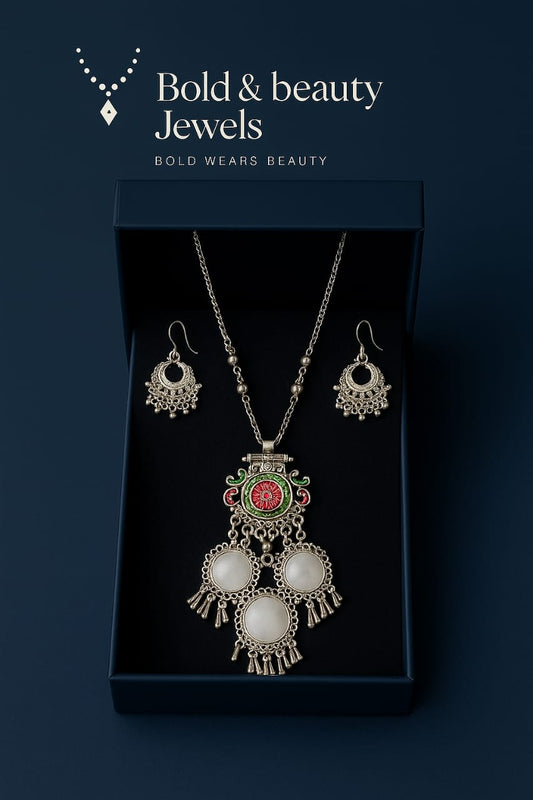 Antique Oxidized Necklace Set with White Stone Drops & Floral Enamel – Ethnic Statement Jewelry