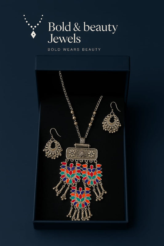 Hand-Painted Tribal Oxidized Necklace Set – Multicolor Enamel Charm