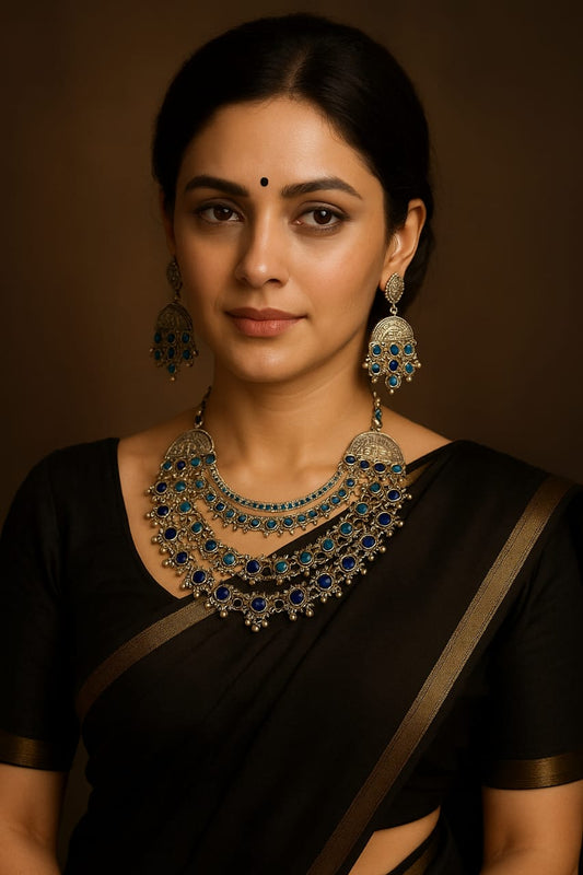 Royal Oxidised Blue Stone Necklace & Earring Set – Boho Tribal Statement Jewelry