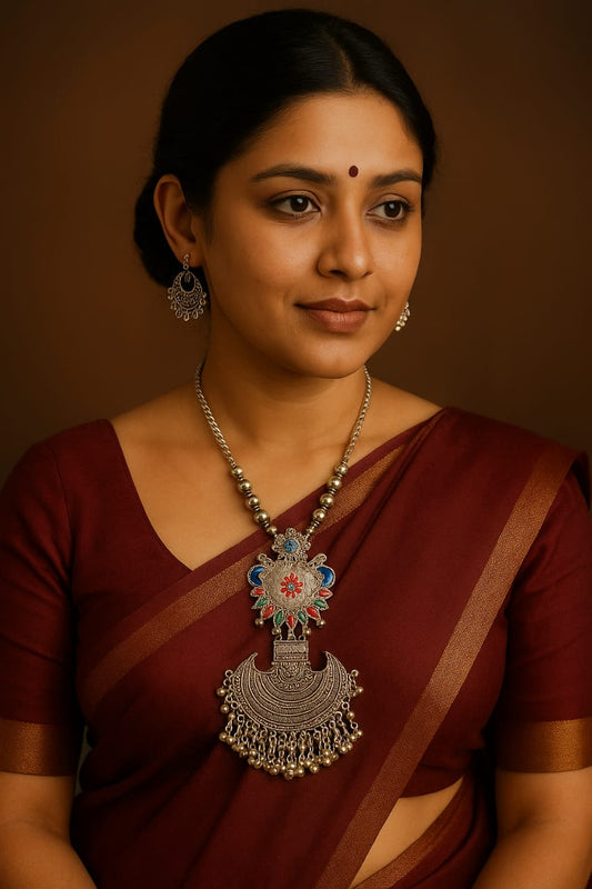 Tribal Oxidised Silver Long Necklace Set – Handcrafted Pendant with Enamel Detailing