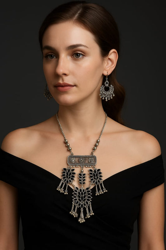 Bold Oxidised Silver Long Necklace Set – Geometric Floral Pendant Design