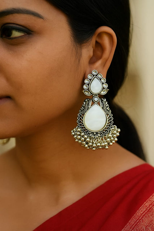Antique White Stone Chandbali Earrings with Pearl Drops – Ethnic Statement Jewelry