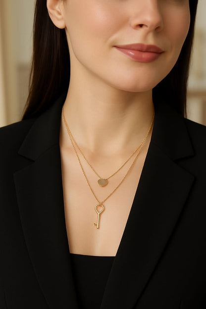 Gold Plated Heart & Key Layered Pendant Necklace for Women – Elegant Minimalist Jewelry