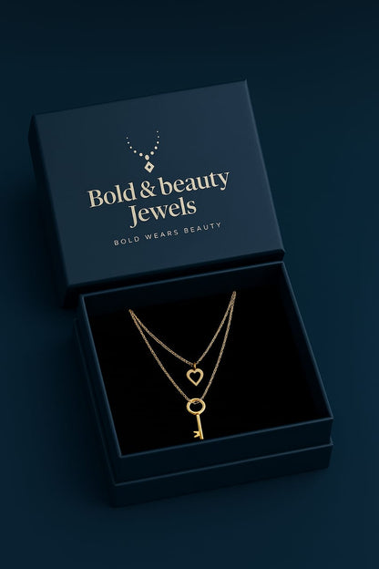 Gold Plated Heart & Key Layered Pendant Necklace for Women – Elegant Minimalist Jewelry