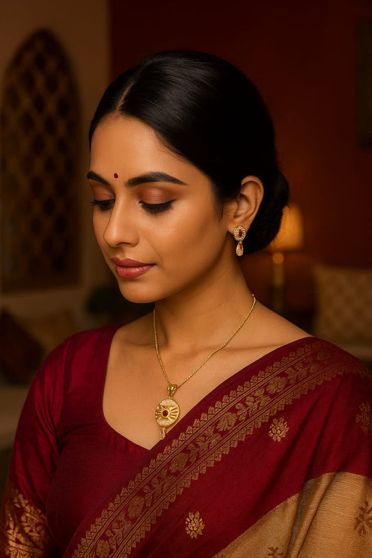 Antique Gold-Tone Necklace & Earring Set – Traditional Red Stone Pendant Design