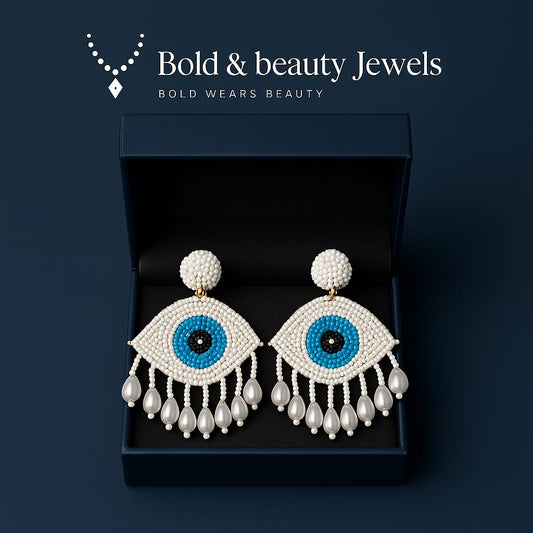 Evil Eye Beaded Statement Earrings | Handmade Pearl Drop Dangler | Bold & Beauty Jewels