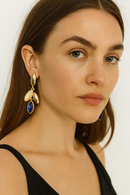Gold & Blue Leaf Drop Earrings – Modern Elegance with a Bold Twist