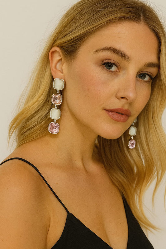 Geometric Pink & Pearl Long Drop Earrings – Sophisticated Contemporary Chic