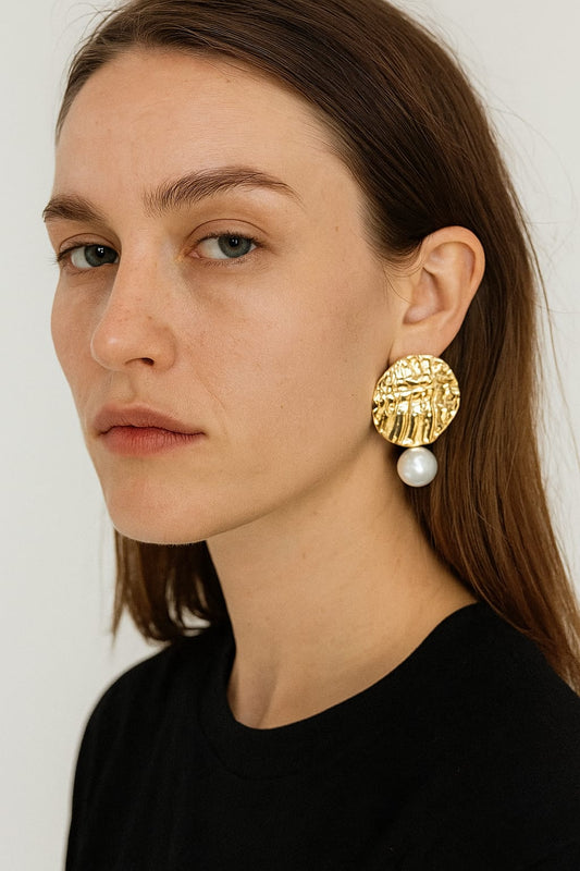 Bold Gold Textured Statement Earrings with Pearl Drop | Modern Luxury Jewelry