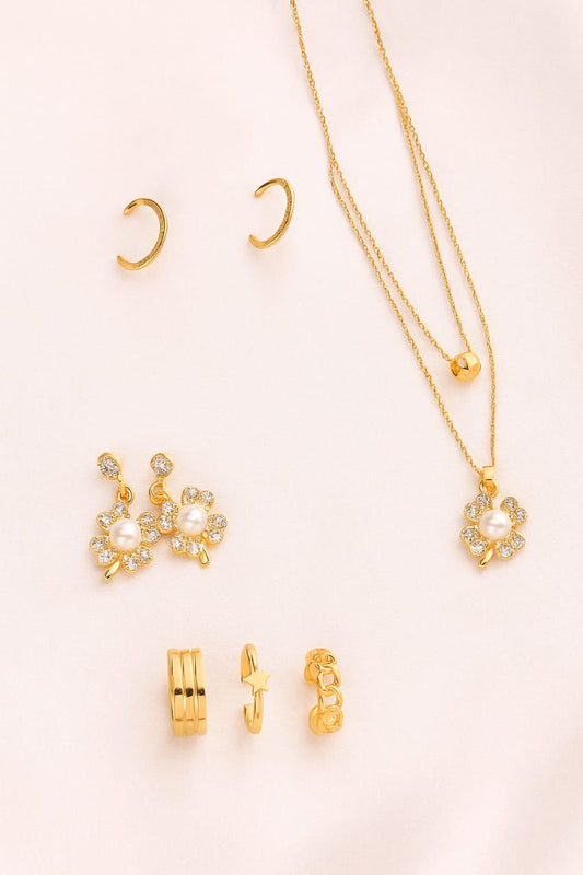 Elegant Gold-Plated Jewelry Set with Pearl & Crystal Accents – 6 Pieces