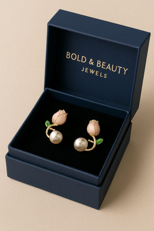 Blush Rosebud & Pearl Stud Earrings – Elegant Floral Jewelry by Bold & Beauty Jewels