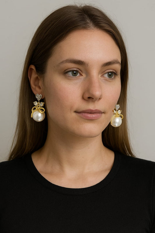 Classic Pearl Drop Earrings with Crystal Bow – Elegant Statement Jewelry by Bold & Beauty Jewels