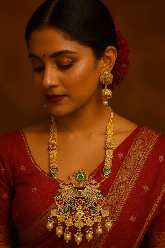 Traditional Temple Jewelry Set – Antique Gold with Kundan & Pearls | Bold and Beauty Jewels