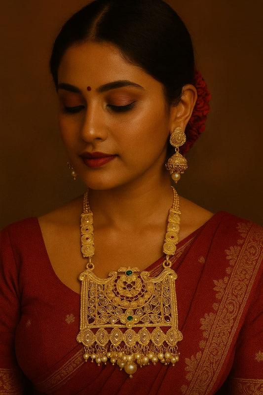 Grand Antique Temple Necklace Set with Kemp & Kundan Work | Bold and Beauty Jewels
