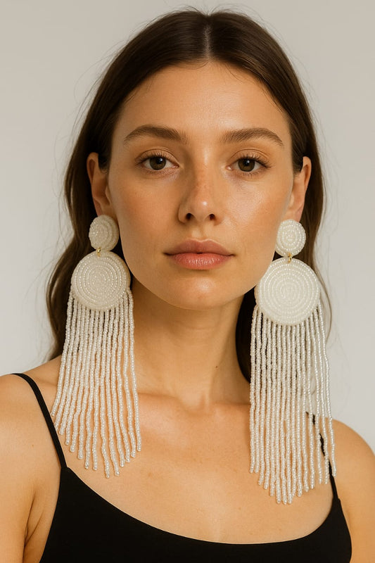 Bold & Beauty Jewels – White Beaded Fringe Statement Earrings