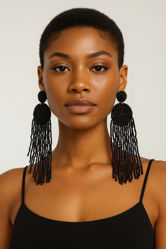 Bold & Beauty Jewels – Black Beaded Fringe Statement Earrings*