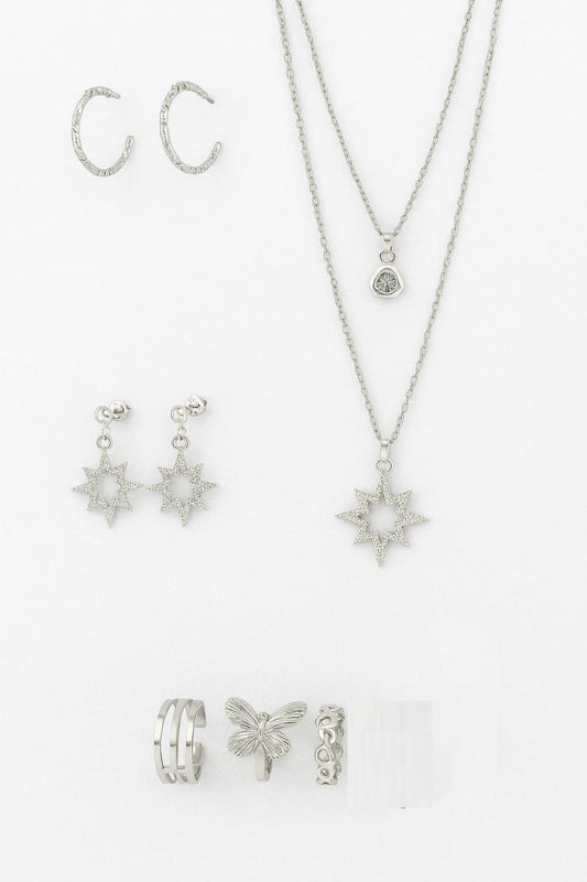 Stylish Silver-Tone Jewelry Set with Star & Butterfly Accents – 8 Pieces